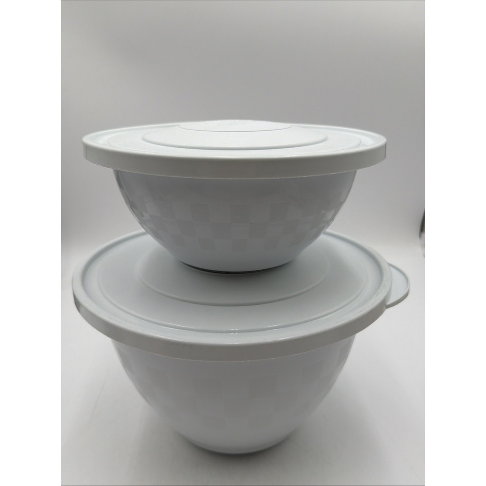 Pampered Chef Large 10" Small 8.75" White Mixing Bowls Checkerboard W/Lids
